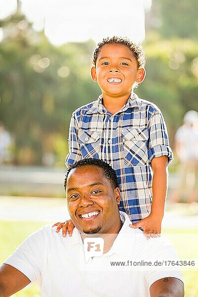 Happy african american father and mixed-race son playing at the park