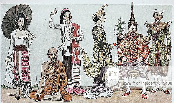 Kleidung  Mode in Burma und Siam  von links  eine Dame aus Mandalai  ein buddhistischer Priester und eine Tänzerin aus Burma  dann die königliche Familie von Siam in traditioneller Hoftracht  digital restaurierte Reproduktion einer Originalvorlage aus dem 19. Jahrhundert