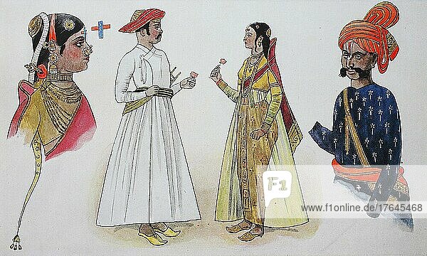 Kleidung  Mode in Indien  von 1600-1800  von links  eine Frau aus reichem Haus  dann ein mohammedanischer Inder mit Frau und ein Rajput-Krieger  digital restaurierte Reproduktion einer Originalvorlage aus dem 19. Jahrhundert