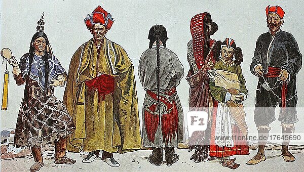 Kleidung  von 1600-1800  Tibet und Tungusen  von lks  e Lama  e Lama ist e tibetischer Dharmalehrer  dann e Lama im weiten Mantel  dann Tracht eer Tunguse  dann ee Tibeter mit charakteristischem Kopfschmuck und e Mädchen aus Tibet  digital restaurierte Reproduktion eer Origalvorlage aus dem 19. Jahrhundert  Mode in Indien