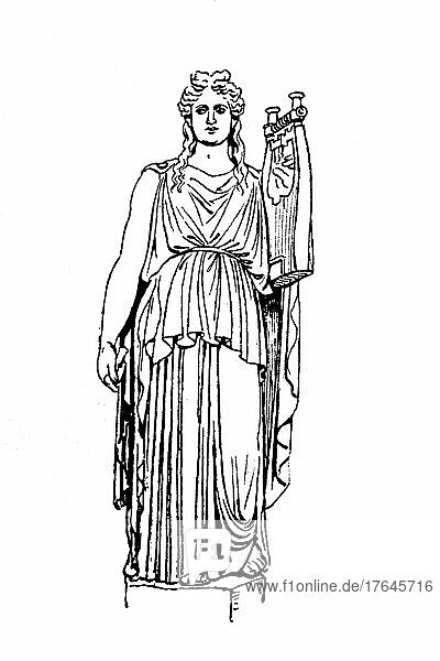 Mode  Kleidung in Griechenland  Blütezeit vom 5. bis 4. Jahrhundert v. Chr. Apollon als Kitharöde und Chorführer der Musen im langen weiblichen Spotting  digitale Reproduktion einer Originalvorlage aus dem 19. Jahrhundert  Originaldatum nicht bekannt