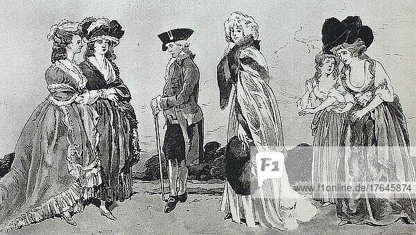 Mode  Kleidung in England  Englische Mode um 1770-1795  in der Mitte die Londoner Schauspielerin Elisabeth Farren  spätere Frau von Lord Derby  nach einem Porträt von Lawrence  1792  gestochen von Bartolozzi  digital restaurierte Reproduktion einer Originalvorlage aus dem 19. Jahrhundert  genaues Originaldatum nicht bekannt