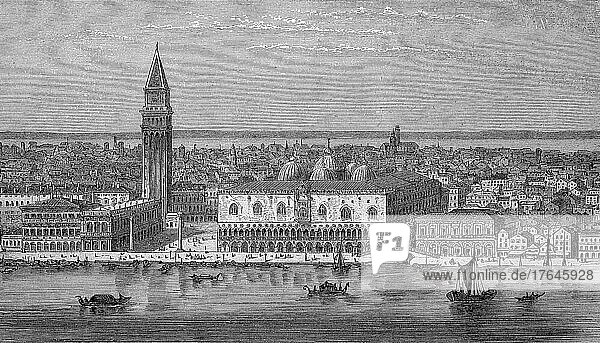 Panorama von Venedig mit Bibliothek  Campanile  Dogenpalast  Ponte degla Paglia und Riva degli Schiavoni  Italien  um 1870  digital restaurierte Reproduktion einer Originalvorlage aus dem 19. Jahrhundert  genaues Originaldatum nicht bekannt  Europa