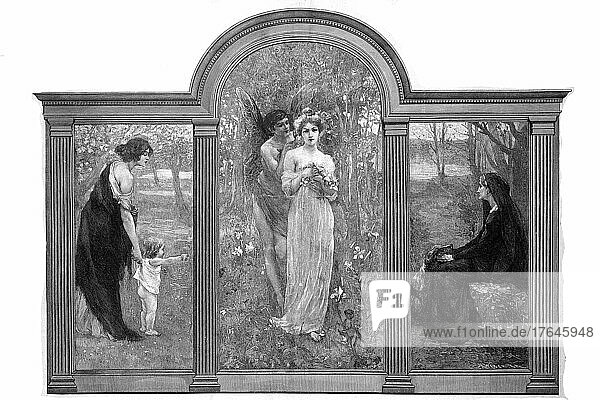 Die drei Lebensalter  Abschnitte des Lebens einer Frau in drei Stufen  vom Kind über das verliebte Mädchen zur alten Frau  1890  nach einem Gemälde von G. Lavergne  digital restaurierte Reproduktion einer Originalvorlage aus dem 19. Jahrhundert