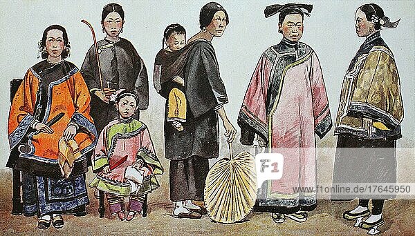 Kleidung  Mode in China  um das 19. Jahrhundert  von links  chinesische Mutter mit Dienerin und Kind  eine Amme mit Baby im Tragetuch  eine Frau aus der Mandschurei  Chinesin mit Holzschuhen  digital restaurierte Reproduktion einer Originalvorlage aus dem 19. Jahrhundert