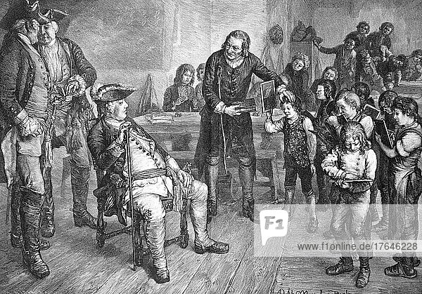 König Friedrich Wilhelm I. von Preußen  besucht eine Schule  Schüler und Lehrer und seine Leibwache stehen um ihn herum  Friedrich Wilhelm I. 14. August 1688  31. Mai 1740  König in Preußen und Kurfürst von Brandenburg