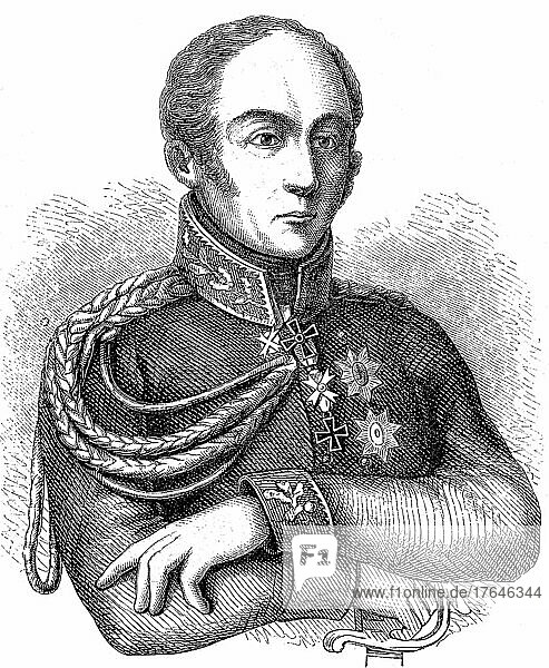Bogislav Friedrich Emanuel Graf Tauentzien von Wittenberg (15. September 1760- 20. Februar 1824)  preußischer General der Infanterie  digital restaurierte Reproduktion einer Originalvorlage aus dem 19. Jahrhundert