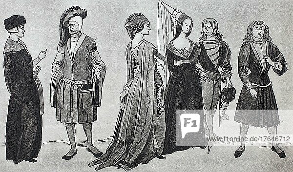 Mode  Kleidung in Deutschland im Spätmittelalter  1475-1500  von links  ein Gelehrter  ein adliger Bürger  Teilnehmer eines Ballfestes  digital restaurierte Reproduktion einer Originalvorlage aus dem 19. Jahrhundert  genaues Originaldatum nicht bekannt