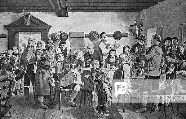 Festrede bei einem Fest bei den Waldbauern in Steyr  um 1880  viele Menschen eem Gasthaus eer Familienfeier  digital restaurierte Reproduktion eer Origalvorlage aus dem 19. Jahrhundert  Österreich  Europa