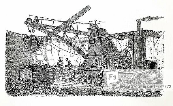 Grabemaschine  Exkavator  Bagger  1890  digital restaurierte Reproduktion einer Originalvorlage aus dem 19. Jahrhundert  Originaldatum nicht bekannt