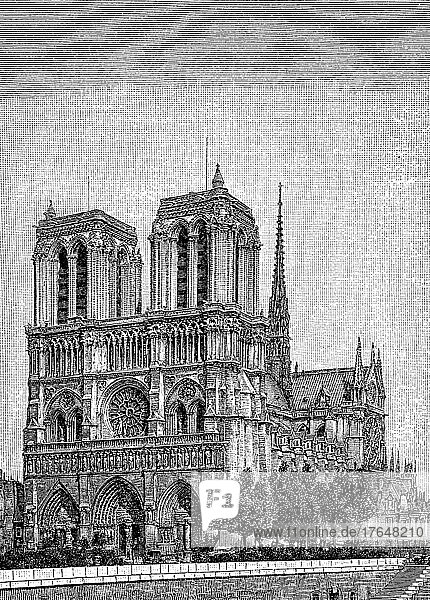 Notre-Dame  Paris  Frankreich. Notre-Dame de Paris  Unsere Liebe Frau von Paris  digital restaurierte Reproduktion einer Originalvorlage aus dem 19. Jahrhundert