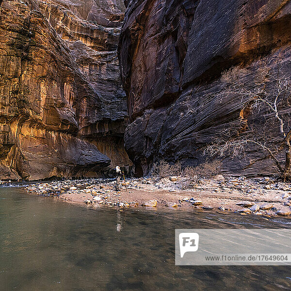 United States  Utah  Zion National Park  Senior female hiker at The Narrows of Virgin River in Zion National Park