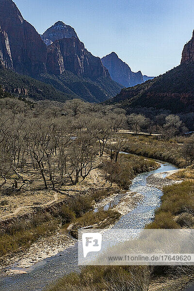 United States  Utah  Zion National Park  High angle view of Virgin River and mountains in Zion National Park