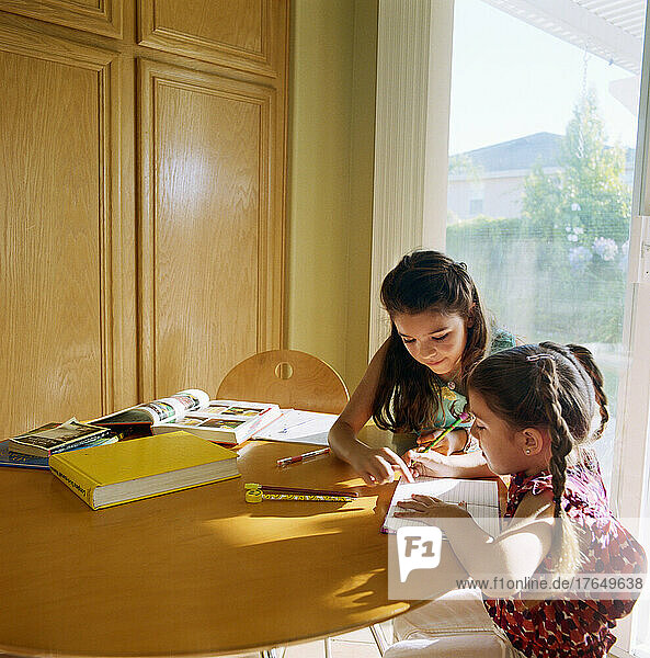 Two girls (10-11) doing homework at kitchen table