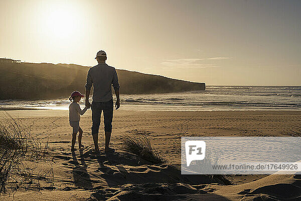 Father and daughter enjoying sunset at beach