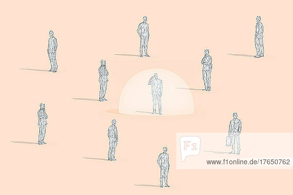 Low poly wireframe of businessman in bubble amidst colleagues at studio