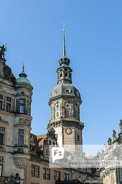 Germany  Saxony  Dresden  Hausmannsturm tower against clear blue sky