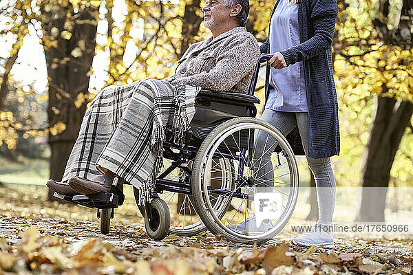Healthcare worker walking with disabled man sitting in wheelchair at park