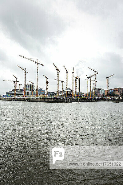 Germany  Hamburg  Elbe River and cranes of Port of Hamburg