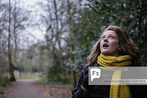 Junge Frau mit offenem Mund schaut im Wald nach oben