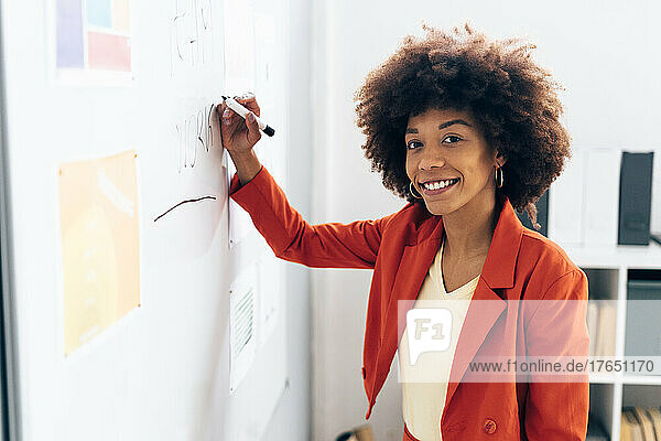 Smiling businesswoman with felt tip pen standing by whiteboard in office