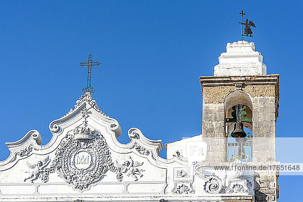 Portugal  Algarve  Olhao  Bell tower and roof reliefs of Igreja de Nossa Senhora do Rosario Church