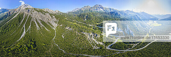 Switzerland  Graubunden Canton  Drone panorama of Ofen Pass in summer