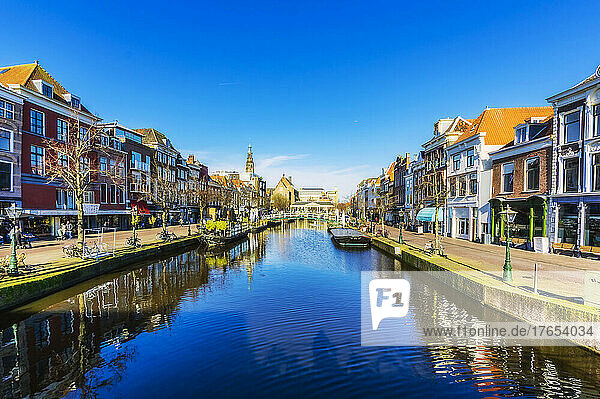 Netherlands  South Holland  Leiden  Rows of townhouses standing along city canal