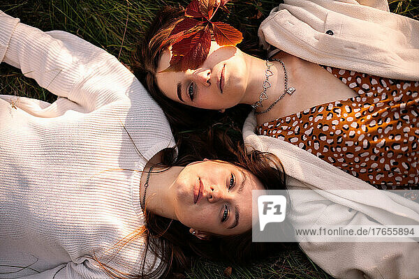 Overhead view of lesbian couple lying on grass during autumn