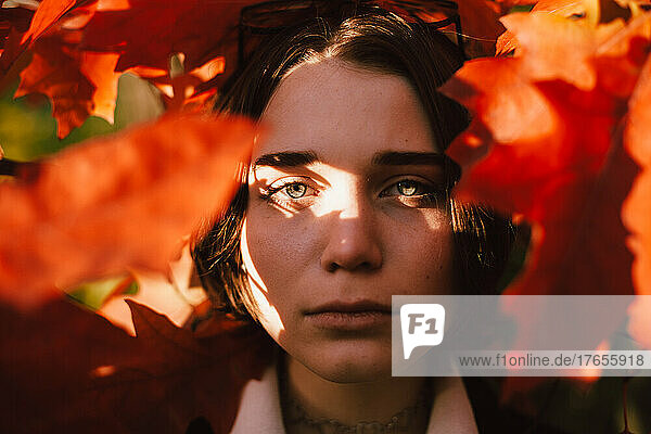 Portrait of teenage girl standing among red leaves during autumn