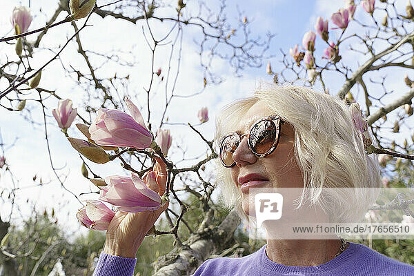 Portrait of a lovely woman in the park by a magnolia tree.
