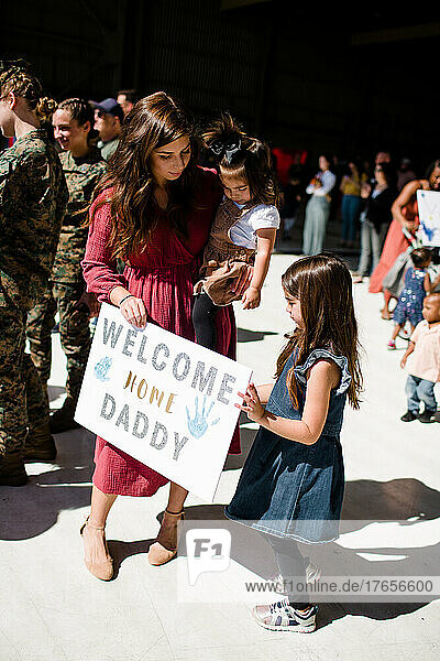 Mom & Daughters Waiting for Military Homecoming in San Diego
