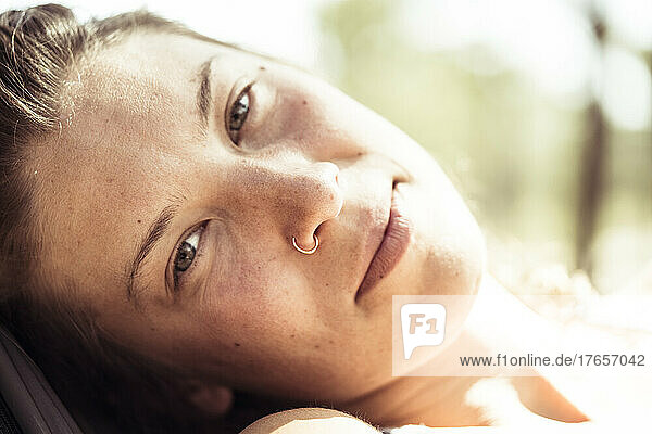 dreamy intimate summer portrait of woman relaxing in Portugal