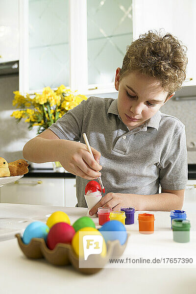 A cute boy paints Easter eggs.