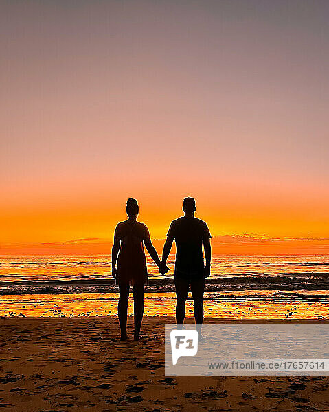 Silhouette of couple holding hands watching the sunset on the beach.