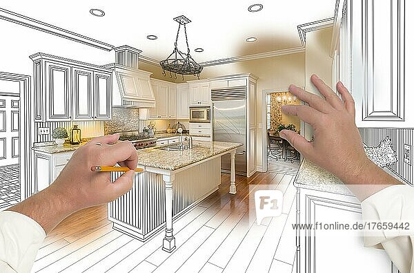 Männliche Hände skizzieren mit Bleistift Eine benutzerdefinierte Küche mit Foto zeigt durch
