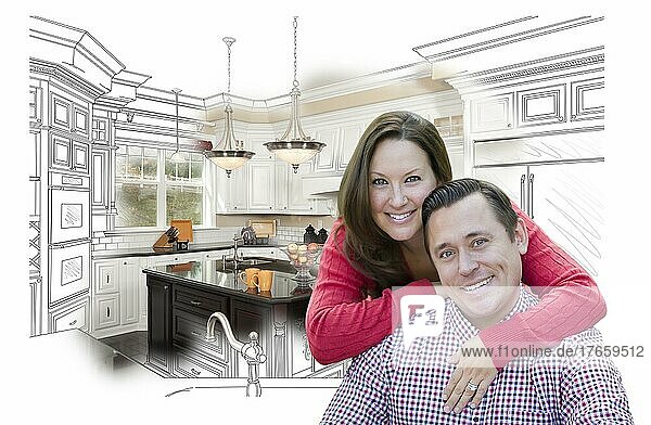Glückliches Paar mit Küchenentwurfszeichnung und Foto dahinter