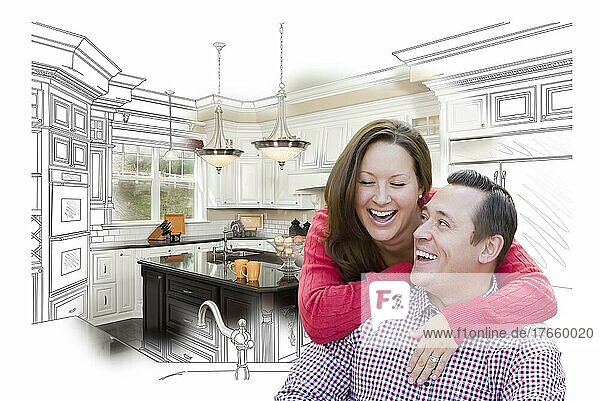 Glückliches lachendes Paar mit Küchenentwurfszeichnung und Foto dahinter