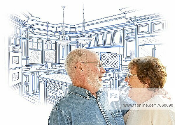 Glücklich lachendes älteres Paar über benutzerdefinierte Küche Design-Zeichnung auf weiß