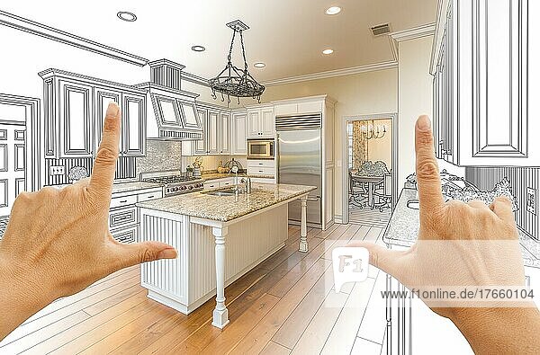 Weibliche Hände umrahmen abgestufte benutzerdefinierte Küche Design Zeichnung und Foto Kombination
