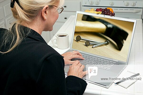Frau in der Küche mit Laptop zu recherchieren home improvement. Bildschirm kann leicht für Ihre eigene Nachricht oder Bild verwendet werden