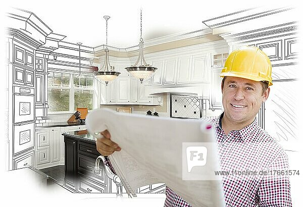 Lächelnder Bauunternehmer  der Baupläne über eine individuelle Küchenzeichnung und eine Fotokombination hält