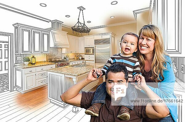 Glückliche junge gemischtrassige Familie über der Küche Zeichnung mit Foto Kombination