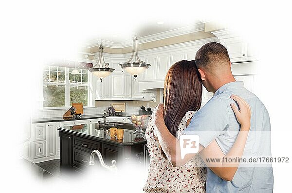Daydreaming junge militärische Paar über benutzerdefinierte Küche Foto innerhalb Gedankenblase