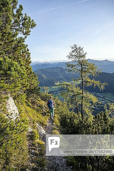 Wanderin auf einem Wanderweg  Grüne Berglandschaft  Nuaracher Höhenweg  Loferer Steinberge  Tirol  Österreich  Europa