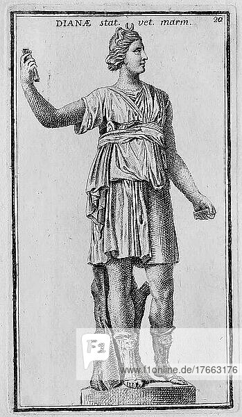 Die römische Göttin Diana  Marmorstatue aus dem antiken Rom  Italien  digitale Reproduktion einer Originalvorlage aus dem 18. Jahrhundert  Originaldatum nicht bekannt