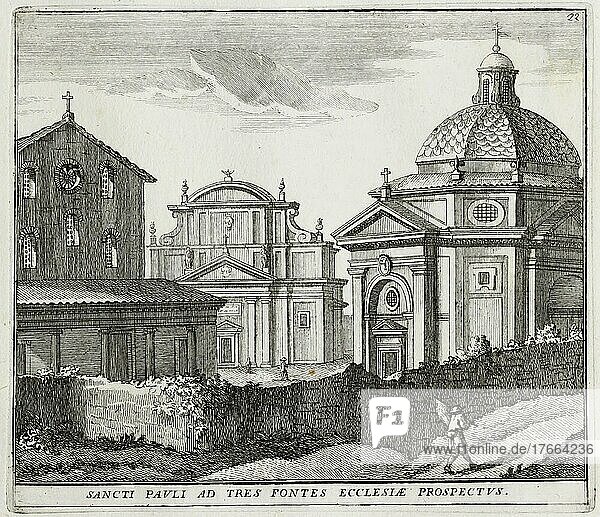 Kirche S. Paolo alle tre fontane  außerhalb der Porta S. Paolo  historisches Rom  Italien  digitale Reproduktion einer Originalvorlage aus dem 17. Jahrhundert  Originaldatum nicht bekannt  Europa