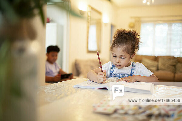 Cute girl coloring in coloring book