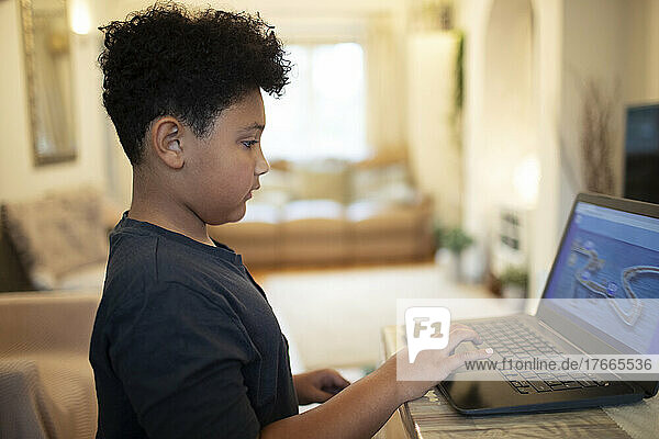 Boy playing video game at laptop