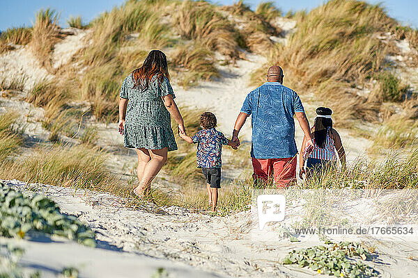 Family holding hands and walking on sandy beach path